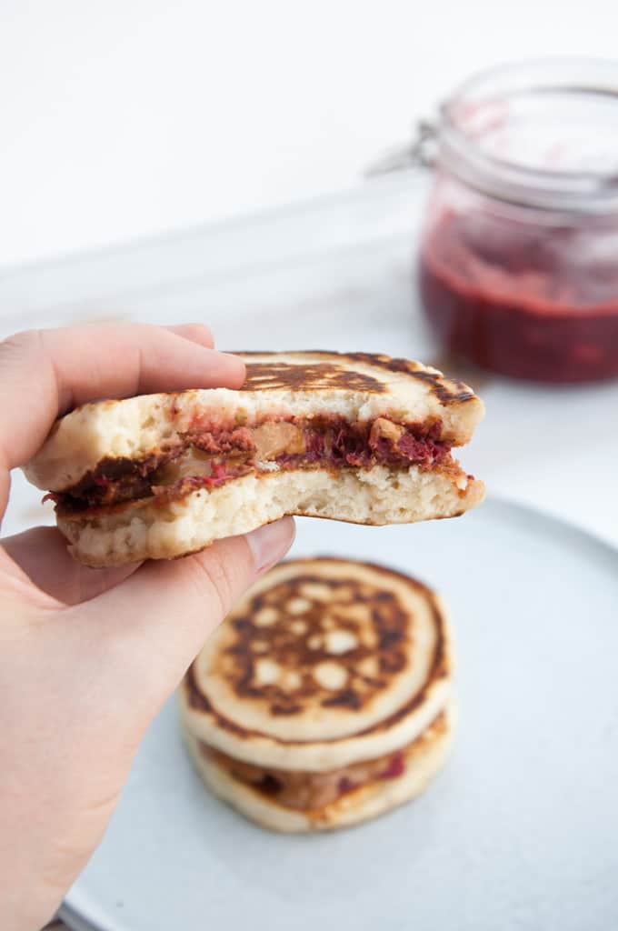 Vegan PBJ Pancake Sandwiches inside