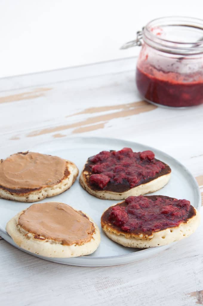 Vegan PBJ Pancake Sandwiches open faced