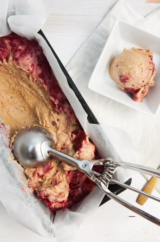 Vegan Peanut Butter Ice Cream with Strawberry Swirls