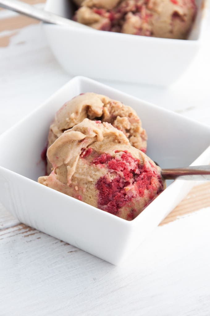 Vegan PBJ Ice Cream with strawberry swirls