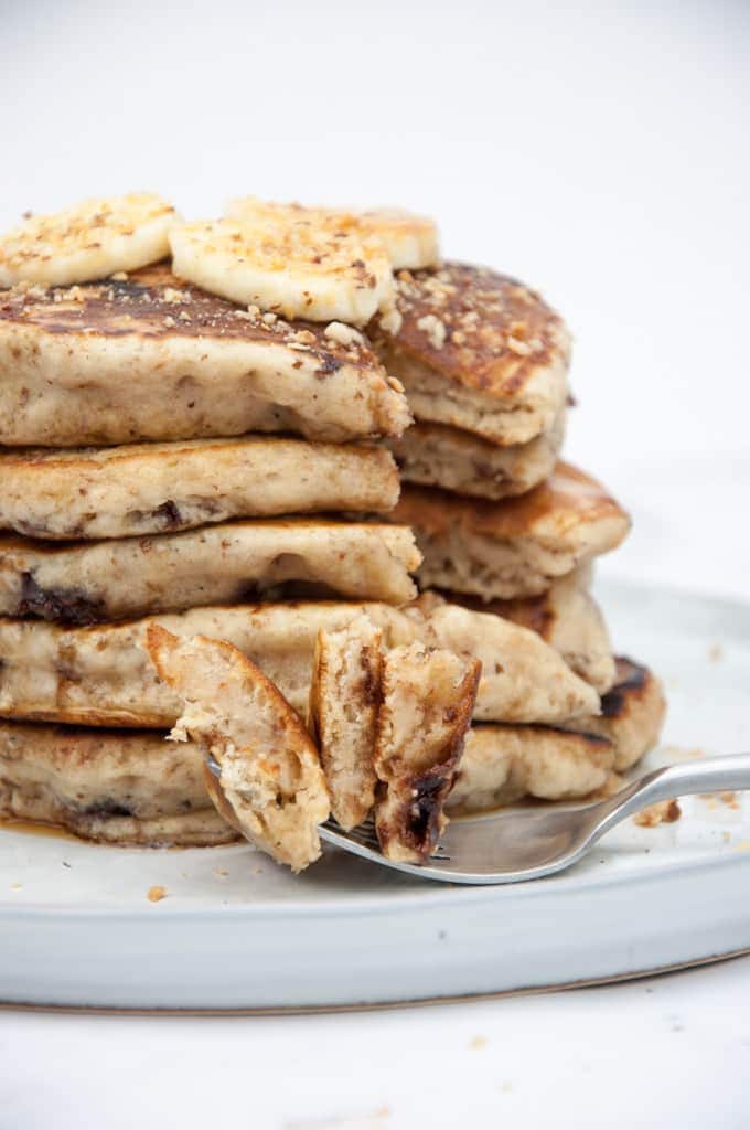 Fluffy Banana Bread Pancakes with Chocolate Chunks from the inside