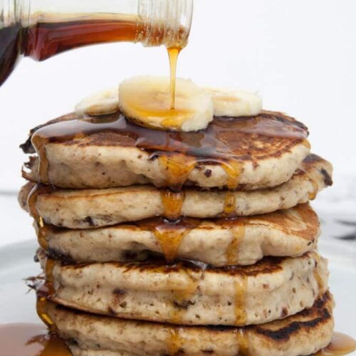 Vegan Banana Bread Pancakes with Chocolate Chunks Recipe + Video