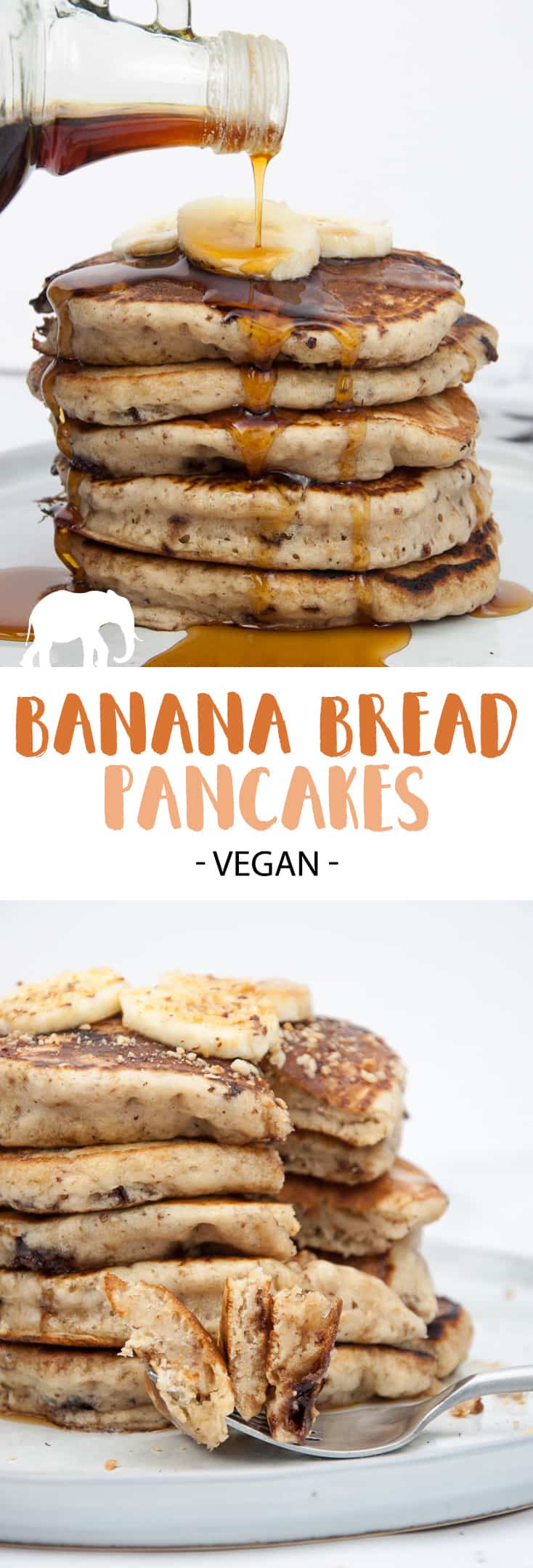 Vegan Banana Bread Pancakes with chocolate chunks. You'll never have to decide between banana bread and pancakes again! | ElephantasticVegan.com #vegan #banana #pancakes #breakfast #sweet #pancakesunday