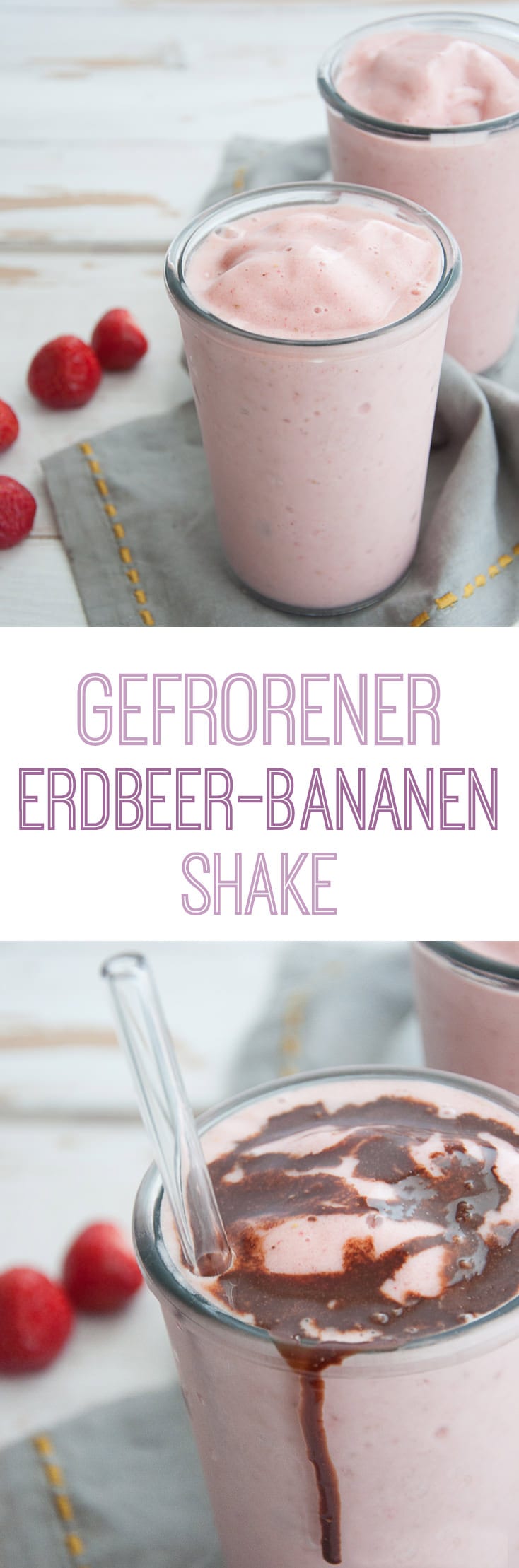 Gefrorener Erdbeer-Bananen-Shake mit Schokosauce | Vegan