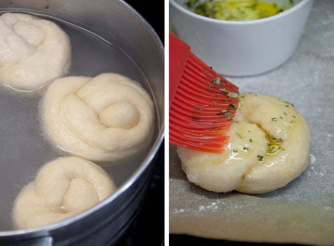 Pretzel Knots in the baking soda bath and being brushed with garlic herb oil