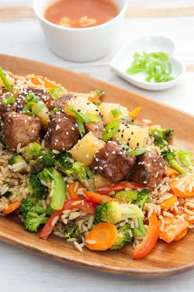 Vegan Sweet And Sour Mock Chicken on Fried Rice | ElephantasticVegan.com