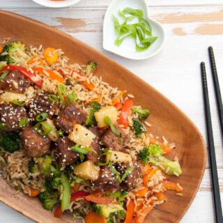 Vegan Sweet And Sour Mock Chicken on Fried Rice | ElephantasticVegan.com