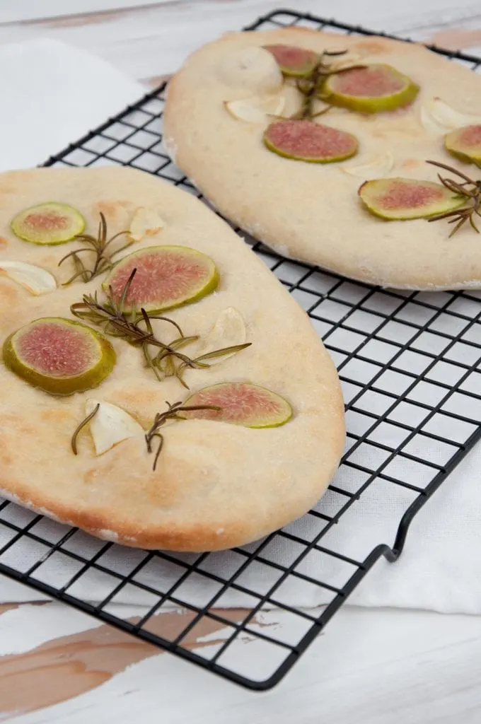 Vegan Fig Rosemary Garlic Focaccia after baking on a cookie sheet