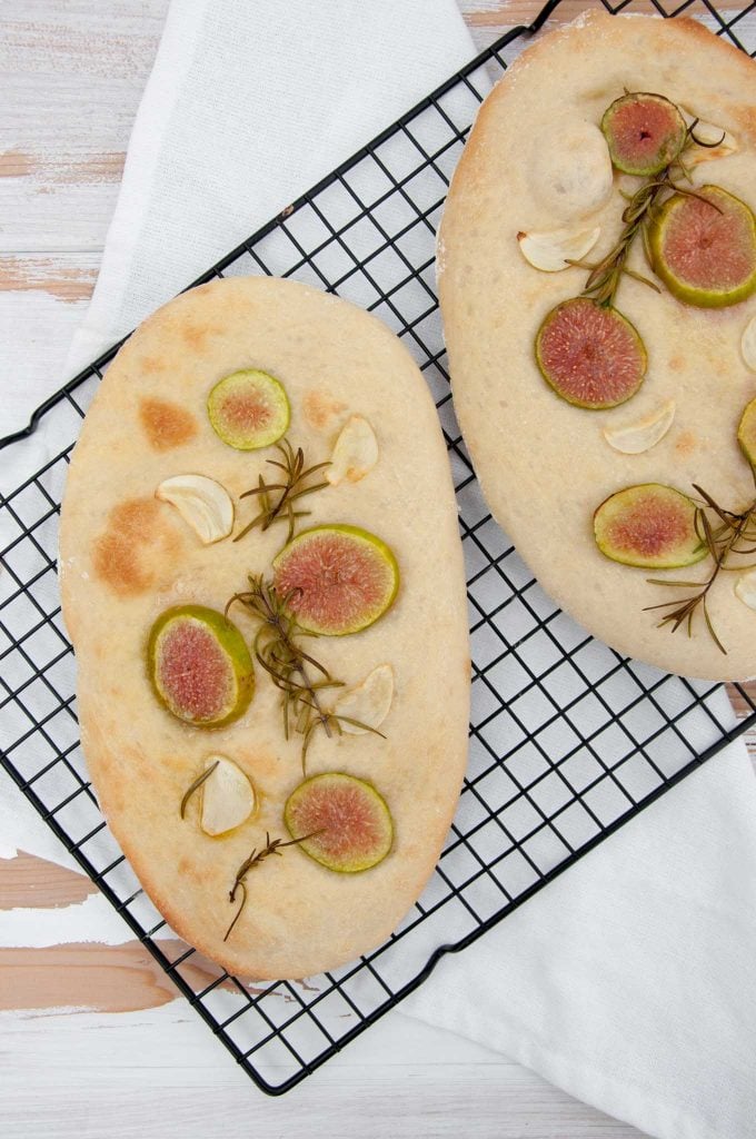 Vegan Fig Rosemary Garlic Focaccia from the top on a cookie sheet