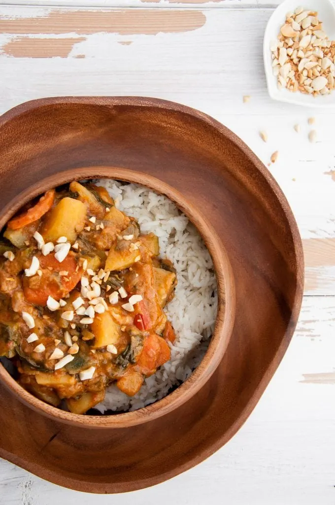 African-Inspired Peanut Butter Stew with roasted peanuts and white rice