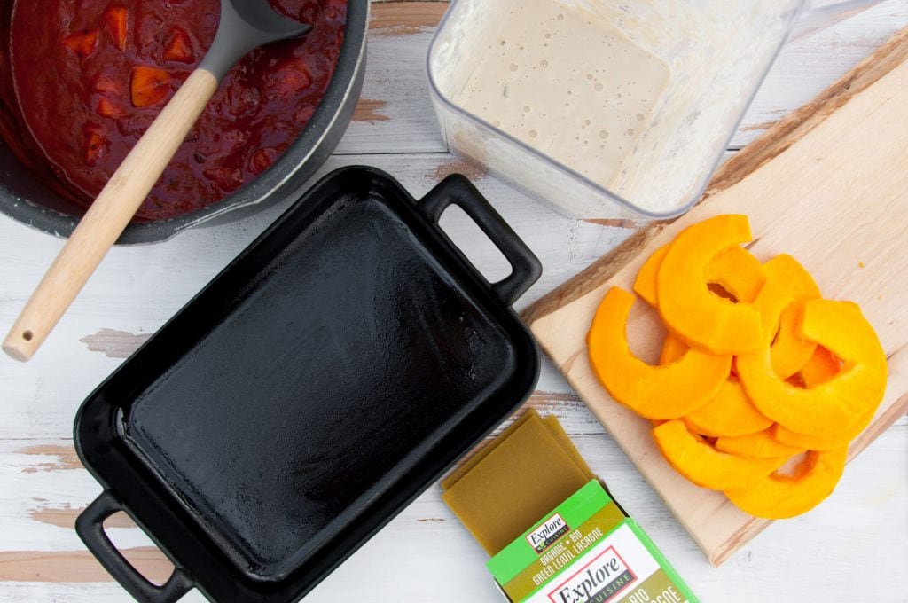 Tomato sauce, cashew cheese, green lentil lasagne, pumpkin and a baking dish