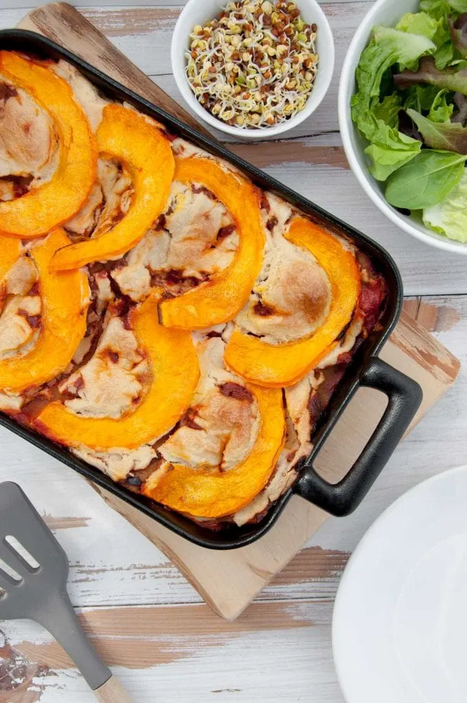 Vegan Pumpkin Lasagne with Cashew Cheese in a baking pan