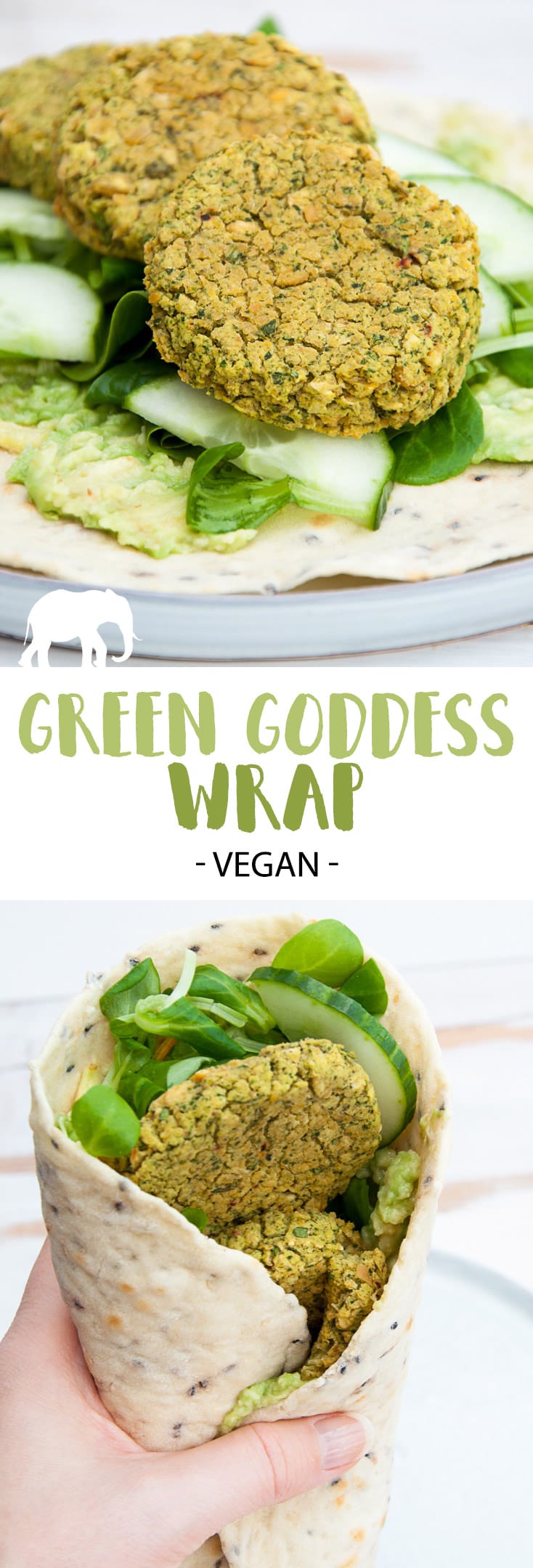 Green Goddess Wrap with homemade flatbread, spinach falafel, cucumber, salad and mashed avocado | ElephantasticVegan.com #wrap #falafel #vegan
