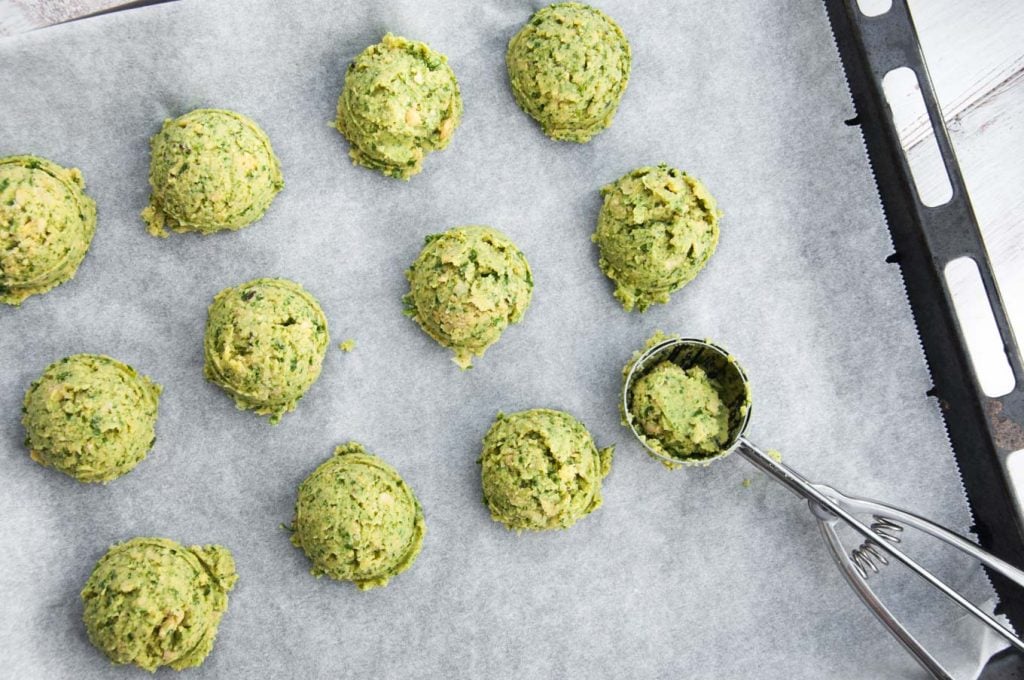 Spinach Falafel before baking on a baking tray