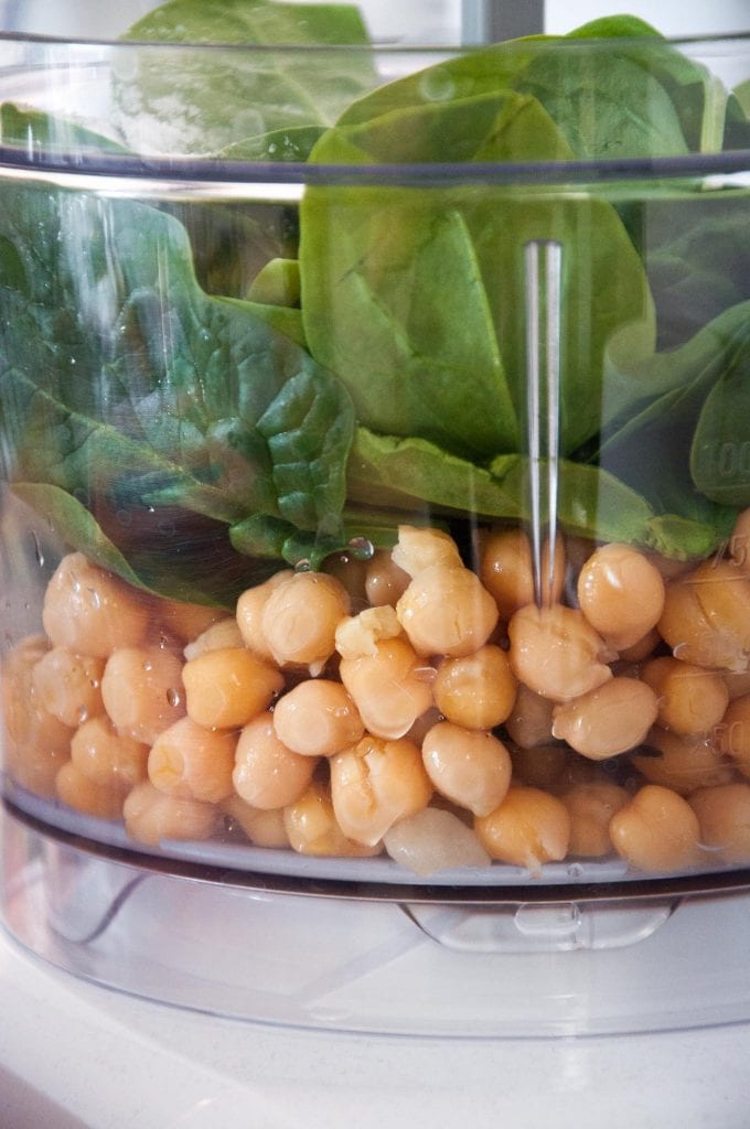 Chickpeas and Spinach in a food processor to make Spinach Falafel