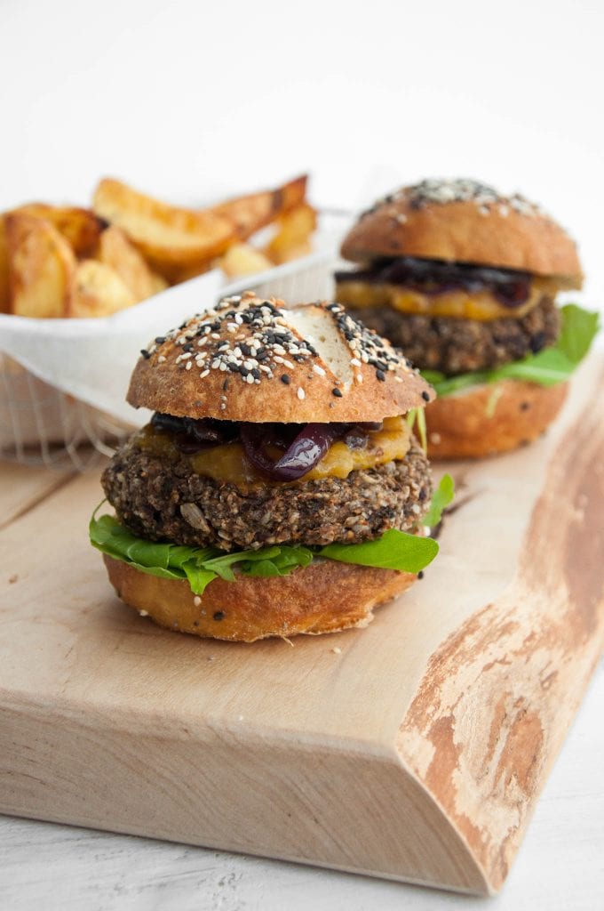 Vegan Mushroom Burger Patty with homemade pretzel buns