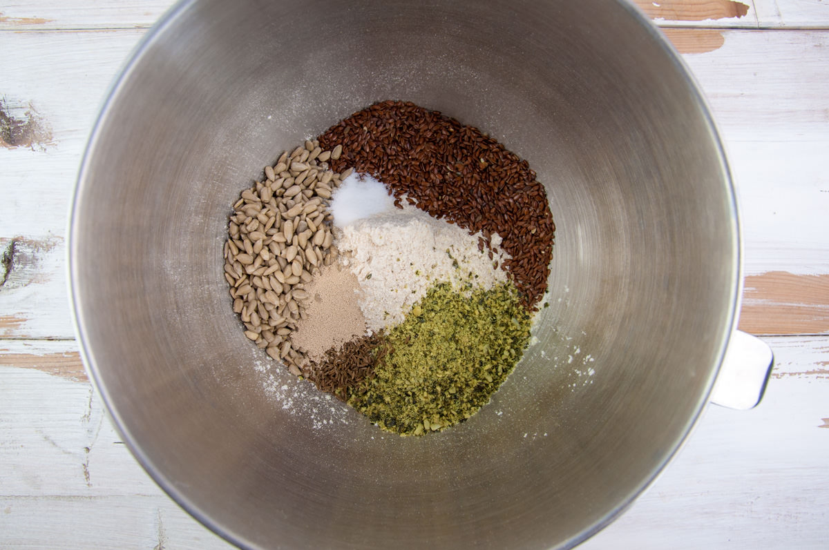 flour and seeds in bowl