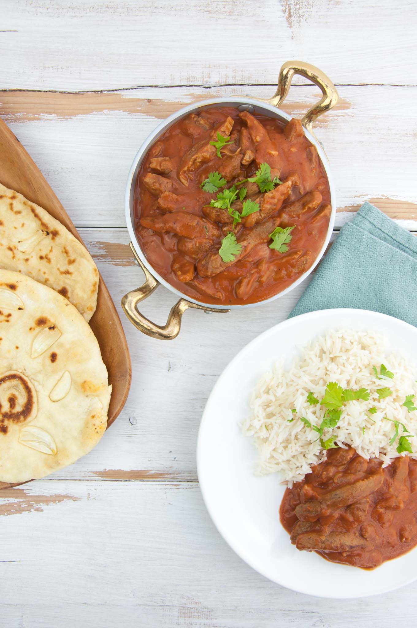 Vegan Butter Chicken with Soy Curls served with basmati rice and naan