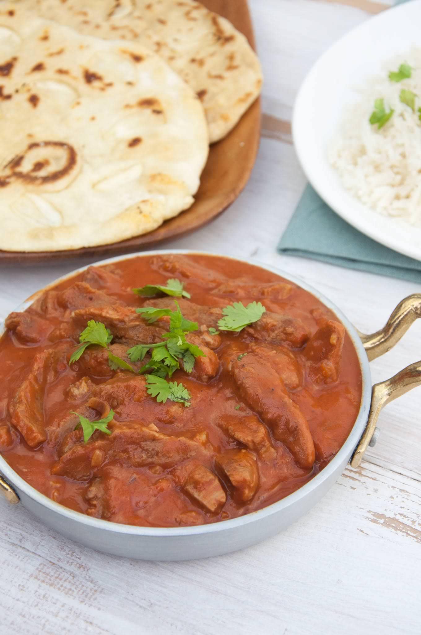 Vegan Butter Chicken with Soy Curls served with basmati rice and naan