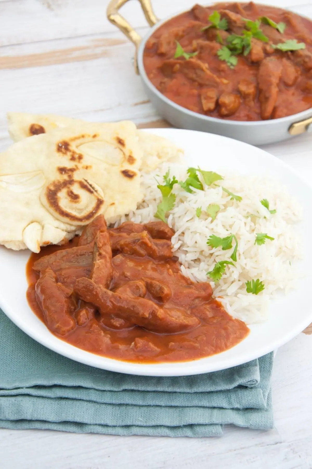 Vegan Butter Chicken with Soy Curls served with basmati rice and naan