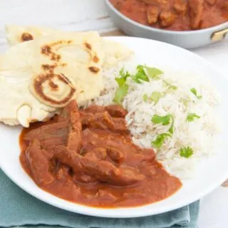 Vegan Butter Chicken with Soy Curls served with basmati rice and naan