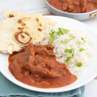 Vegan Butter Chicken with Soy Curls served with basmati rice and naan