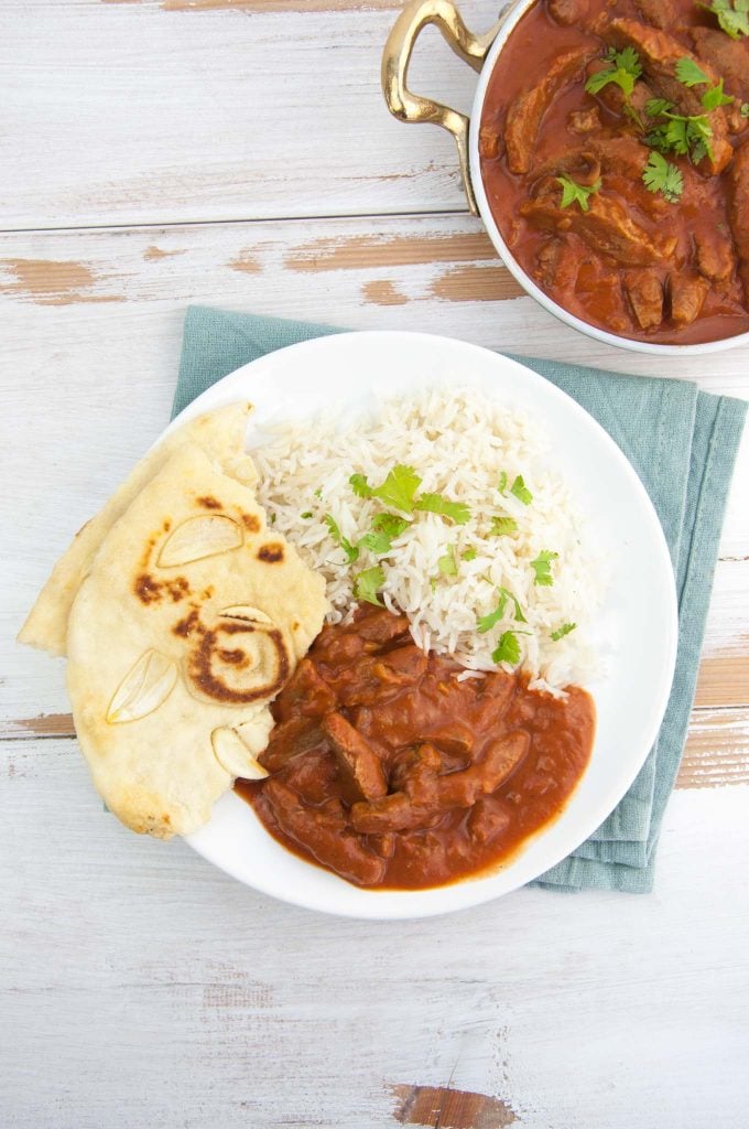 Vegan Butter Chicken with Soy Curls served with basmati rice and naan