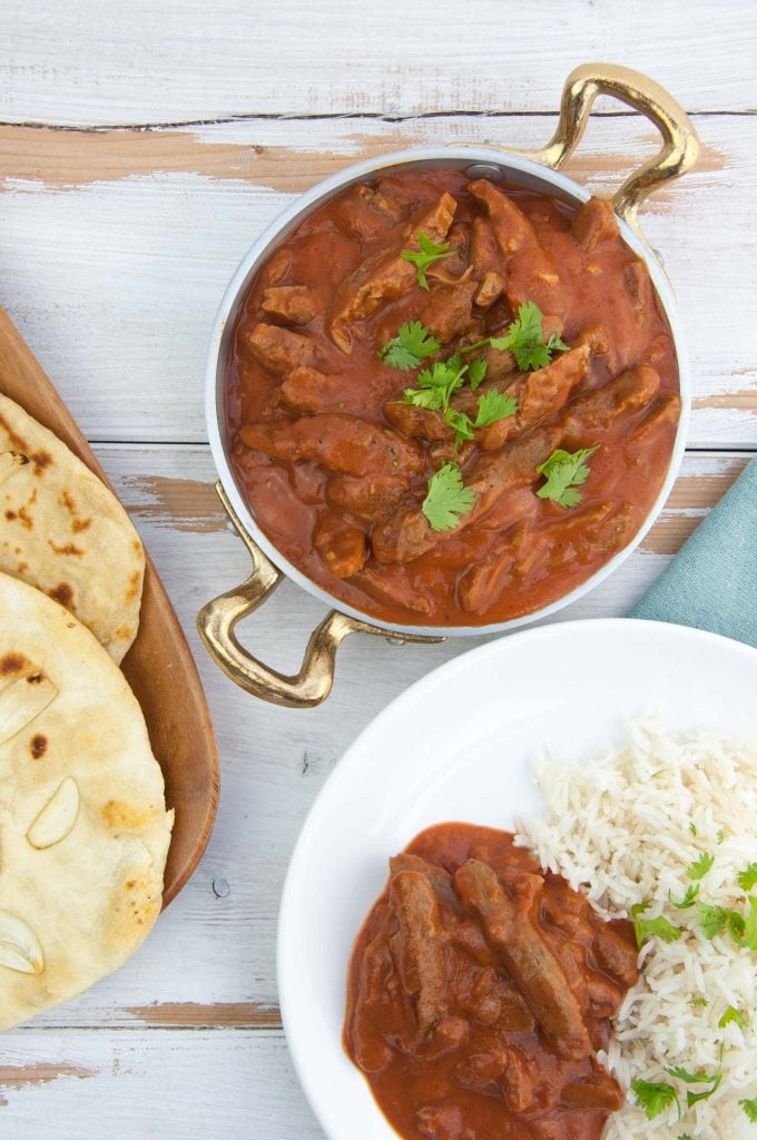 Vegan Butter Chicken with Soy Curls served basmati rice and naan