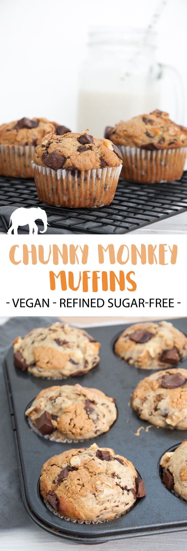 Chunky Monkey Muffins with bananas, chocolate,
peanut butter, and walnuts (Vegan and Refined Sugar-Free) | ElephantasticVegan.com #vegan #muffins #chunkymonkey