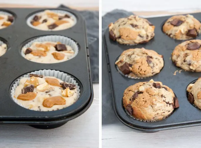Chunky Monkey Muffins before and after baking