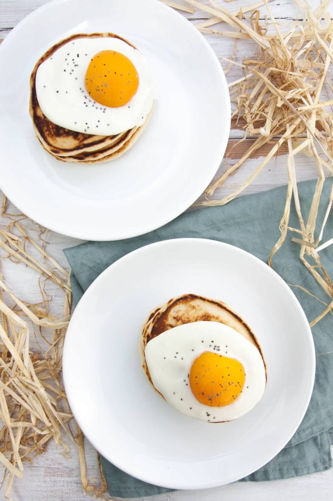 Easter Pancakes topped with yogurt and canned apricots