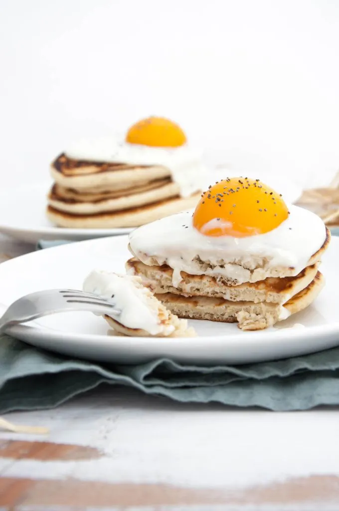 Easter Pancakes topped with yogurt and canned apricots