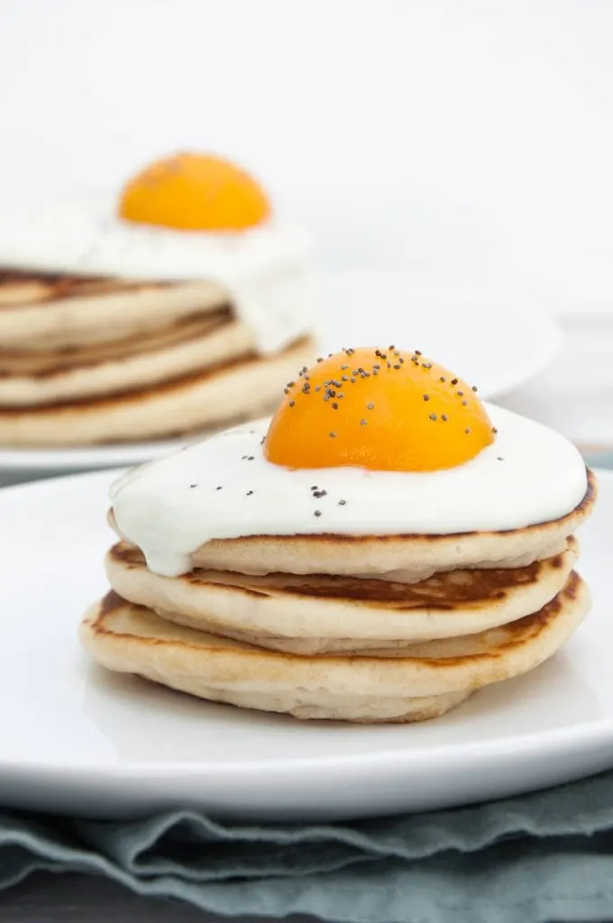 Easter Pancakes topped with yogurt and canned apricots