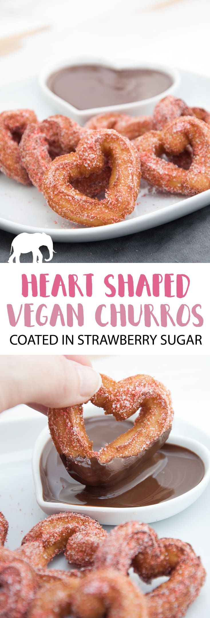 Heart-Shaped Churros coated in Strawberry Sugar and served with Chocolate Sauce | ElephantasticVegan.com #vegan #churros #heartshaped #valentinesday #strawberry #dessert #sweet