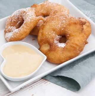 Vegan Apple Fritter Rings with almond maple dipping sauce