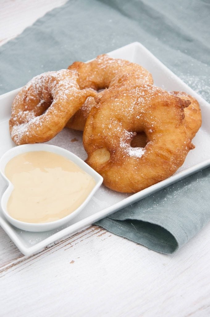 Vegan Apple Fritter Rings with almond maple dipping sauce