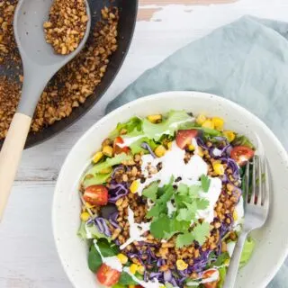 Vegan Taco Salad with Walnut Meat, corn, cabbage, tomatoes, vegan mayo and cilantro