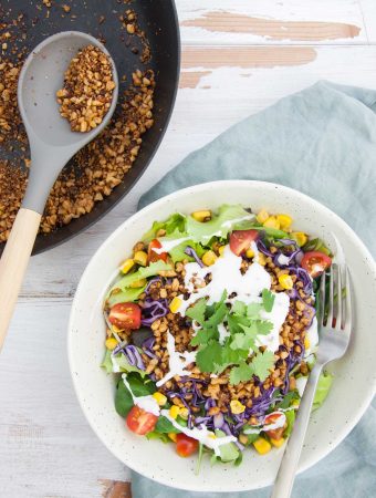 Vegan Taco Salad with Walnut Meat, corn, cabbage, tomatoes, vegan mayo and cilantro