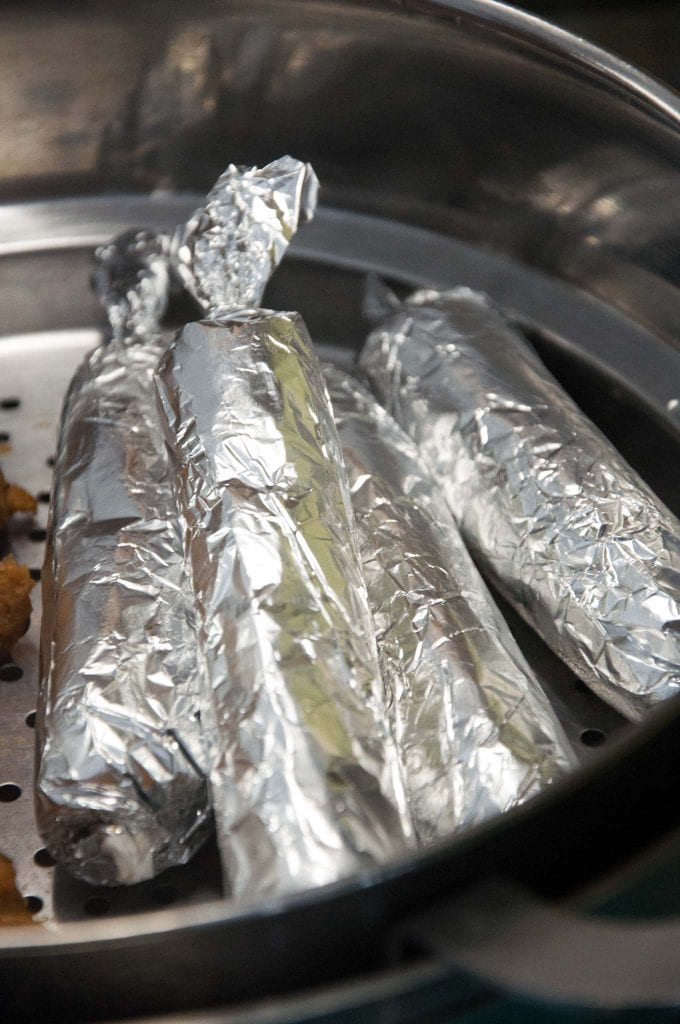 Steaming Vegan Sausages in Aluminium Foil