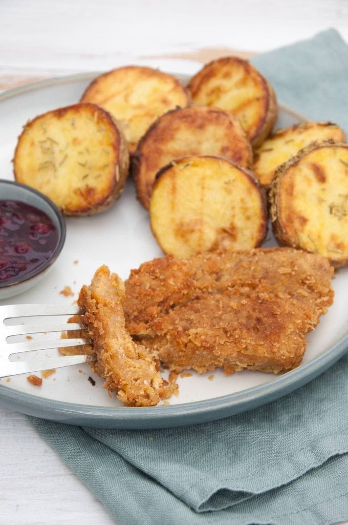 Seitan Schnitzel - Homemade Seitan coated in breadcrumbs and pan-fried until golden and crispy