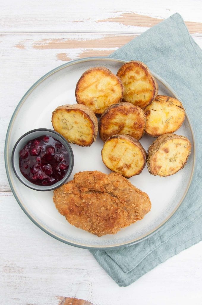 Seitan Schnitzel with Baked Potatoes and Lingonberry Jam