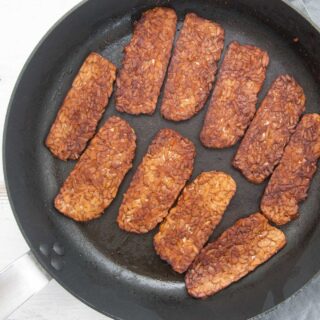 Vegan Tempeh Bacon in the pan