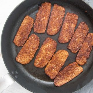 Vegan Tempeh Bacon in the pan
