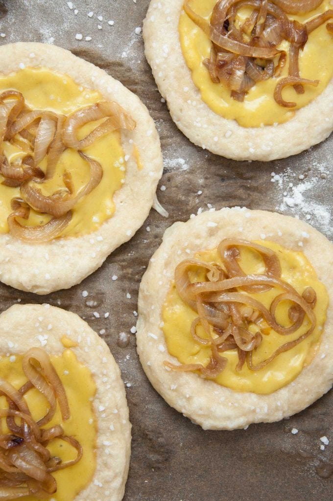 Vegan Mini Pretzel Pizzas with Cider Cheese Sauce