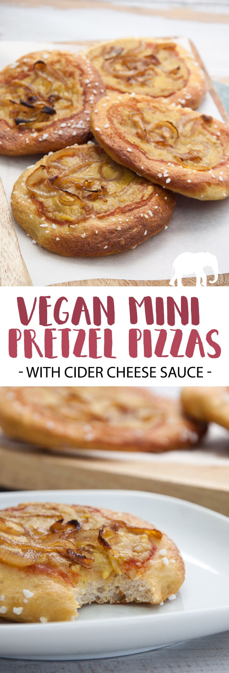 Vegan Mini Pretzel Pizzas with Cider Cheese Sauce #vegan #pretzel #pizza #cider #cheese