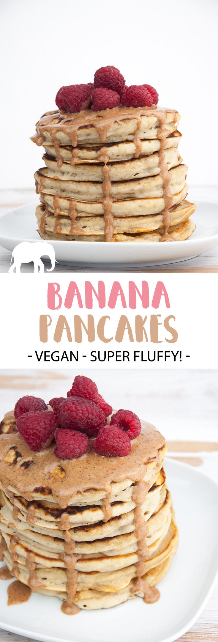 Fluffy Vegan Banana Pancakes topped with almond butter and raspberries. Easy and quick to make! The perfect Sunday breakfast! | ElephantasticVegan.com #vegan #pancakes #veganpancakes #breakfast