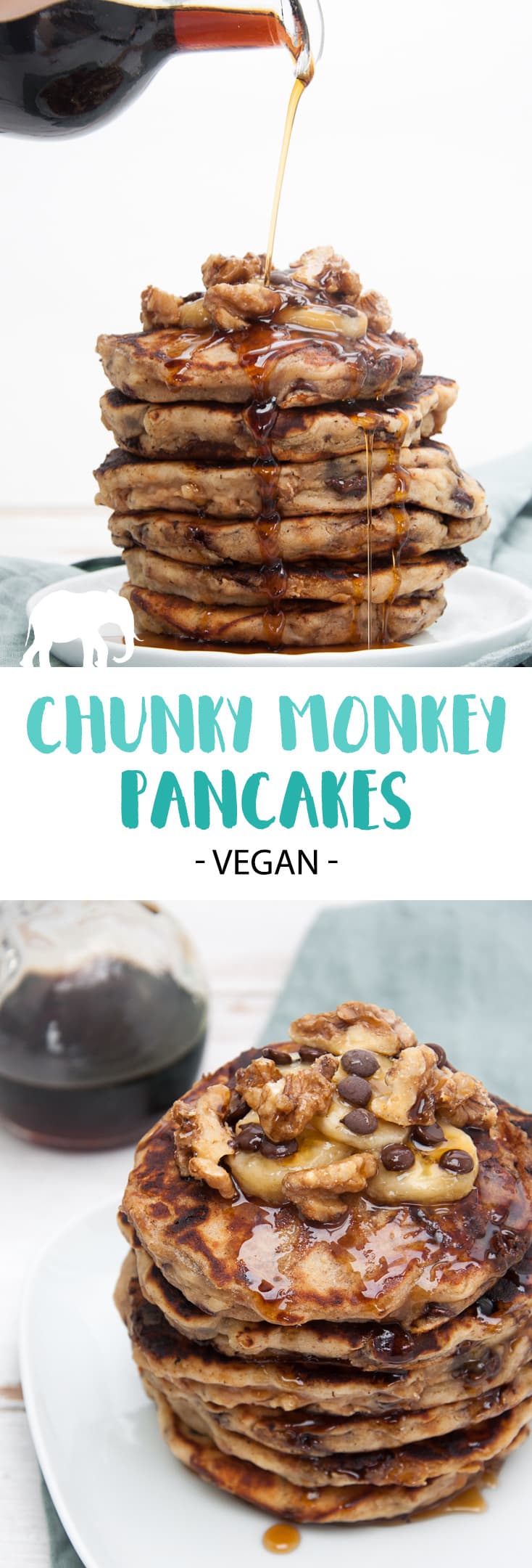Vegan Chunky Monkey Pancakes with banana, chocolate, peanut butter, and walnuts | ElephantasticVegan.com #vegan #pancakes #chunkymonkey #banana #chocolate #peanutbutter #walnuts