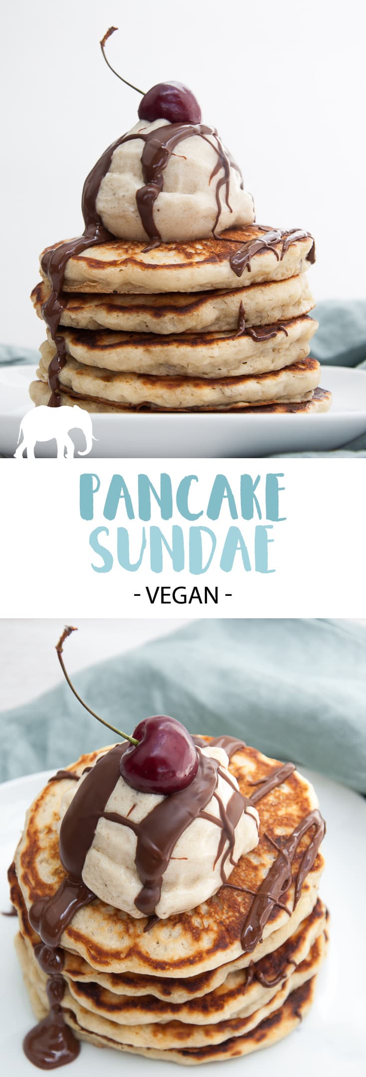 Vegan Pancake Sundae - Fluffy Vegan Banana Pancakes, Nice Cream, chocolate sauce, and cherry on top = This is breakfast perfection. #elephantasticvegan #pancakesunday #vegan #pancake #sundae #pancakes
