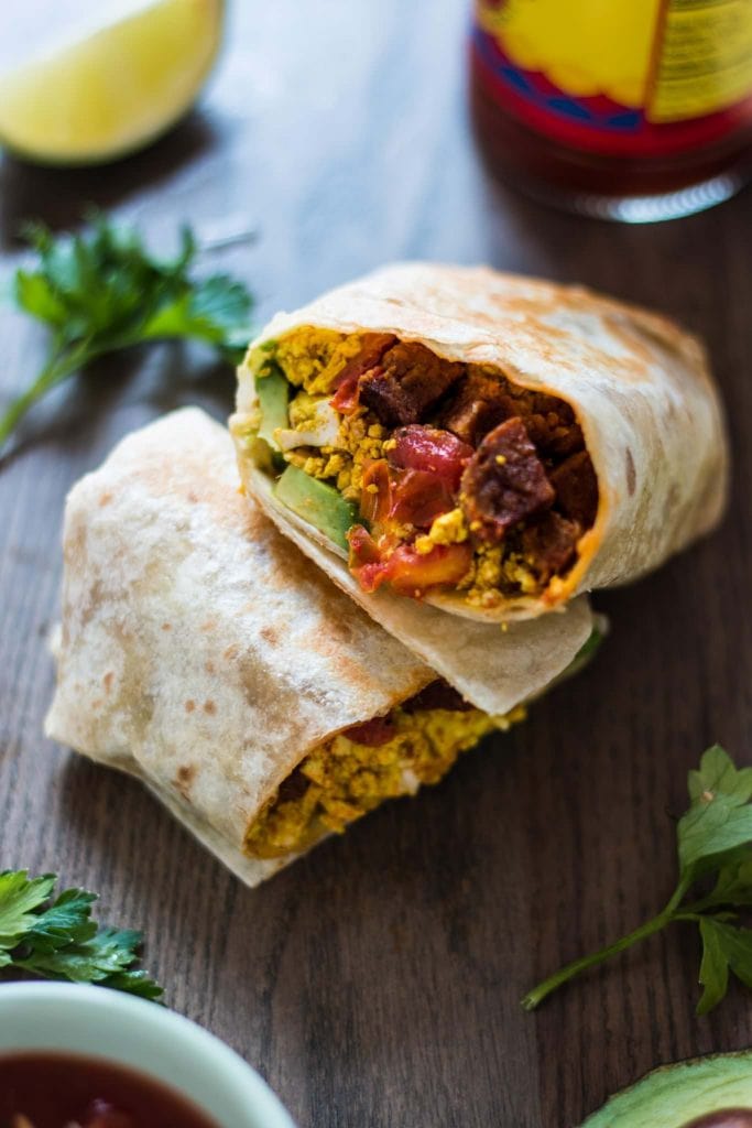 Spicy Sausage and Tofu Breakfast Burrito