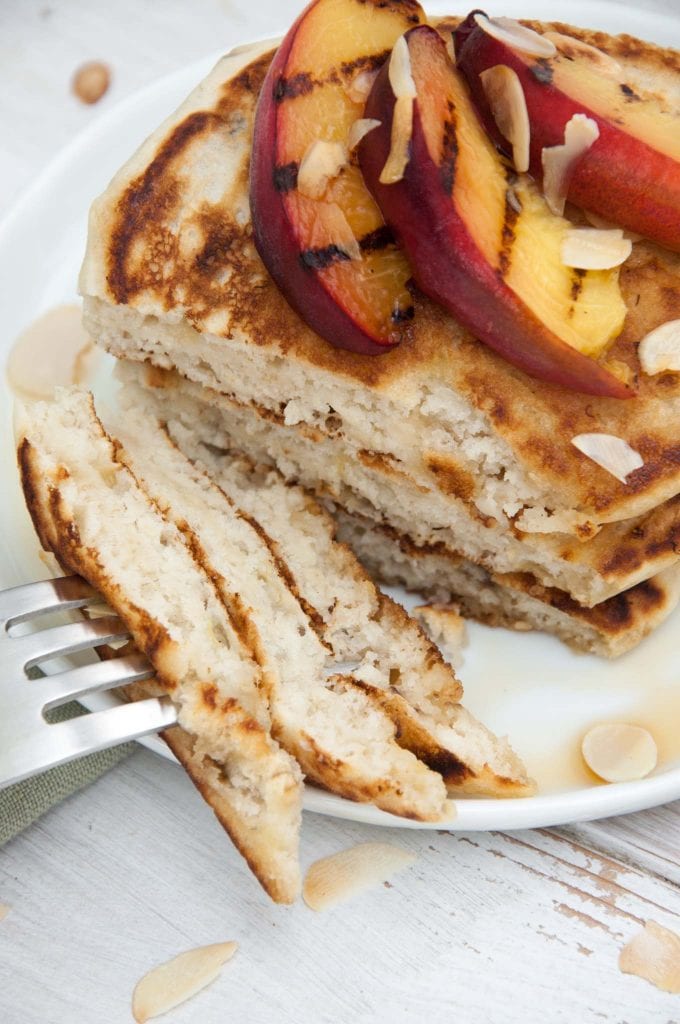 Vegan Pancakes with Grilled Peaches and Toasted Almonds